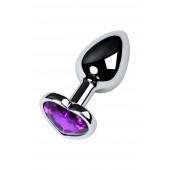 Серебристая коническая анальная пробка с фиолетовым кристаллом-сердечком - 7 см. - ToyFa - купить с доставкой в Новосибирске