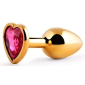 Золотистая анальная пробка с малиновым кристаллом-сердечком - 7 см. - Anal Jewelry Plug - купить с доставкой в Новосибирске