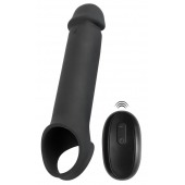 Черная вибронасадка для пениса с хомутом для мошонки и пультом ДУ Remote Controlled Penis Extension - Orion - в Новосибирске купить с доставкой