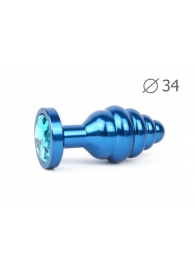 Коническая ребристая синяя анальная втулка с голубым кристаллом - 8 см. - Anal Jewelry Plug - купить с доставкой #SOTBIT_REGIONS_UF_V_REGION_NAME#