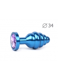 Коническая ребристая синяя анальная втулка с сиреневым кристаллом - 8 см. - Anal Jewelry Plug - купить с доставкой #SOTBIT_REGIONS_UF_V_REGION_NAME#