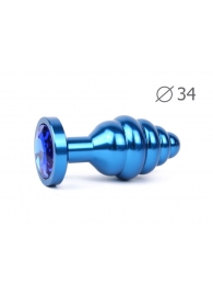 Коническая ребристая синяя анальная втулка с синим кристаллом - 8 см. - Anal Jewelry Plug - купить с доставкой #SOTBIT_REGIONS_UF_V_REGION_NAME#