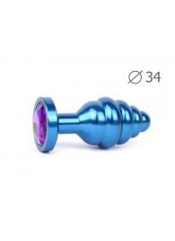 Коническая ребристая синяя анальная втулка с кристаллом фиолетового цвета - 8 см. - Anal Jewelry Plug - купить с доставкой #SOTBIT_REGIONS_UF_V_REGION_NAME#