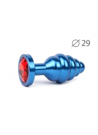 Коническая ребристая синяя анальная втулка с красным кристаллом - 7,1 см. - Anal Jewelry Plug - купить с доставкой #SOTBIT_REGIONS_UF_V_REGION_NAME#