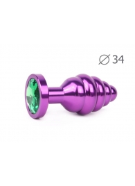 Коническая ребристая фиолетовая анальная втулка с зеленымм кристаллом - 8 см. - Anal Jewelry Plug - купить с доставкой #SOTBIT_REGIONS_UF_V_REGION_NAME#