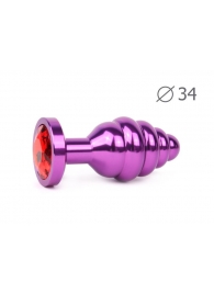 Коническая ребристая фиолетовая анальная втулка с красным кристаллом - 8 см. - Anal Jewelry Plug - купить с доставкой #SOTBIT_REGIONS_UF_V_REGION_NAME#