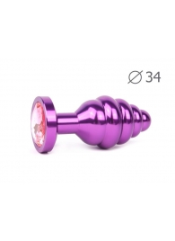 Коническая ребристая фиолетовая анальная втулка с розовым кристаллом - 8 см. - Anal Jewelry Plug - купить с доставкой #SOTBIT_REGIONS_UF_V_REGION_NAME#