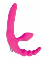 Розовый безремневой страпон с анальным отростком и вибрацией - 15 см. - Bior toys - купить с доставкой в Новосибирске