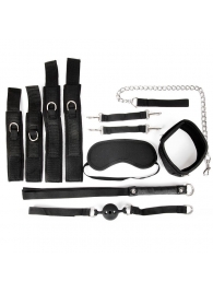 Черный текстильный набор БДСМ: наручники, оковы, ошейник с поводком, кляп, маска, плеть - Bior toys - купить с доставкой в Новосибирске