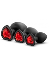 Набор черных анальных пробок с красным кристаллом-сердечком Bling Plugs Training Kit - Blush Novelties - купить с доставкой в Новосибирске