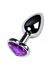Серебристая коническая анальная пробка с фиолетовым кристаллом-сердечком - 7 см. - ToyFa - купить с доставкой в Новосибирске