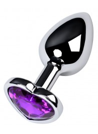Серебристая коническая анальная пробка с фиолетовым кристаллом-сердечком - 7 см. - ToyFa - купить с доставкой в Новосибирске