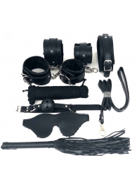 Набор БДСМ в черном цвете: наручники, поножи, кляп, ошейник с поводком, маска, веревка, плеть - Vandersex - купить с доставкой в Новосибирске