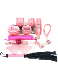 Набор БДСМ в розовом цвете: наручники, поножи, кляп, ошейник с поводком, маска, веревка, плеть - Vandersex - купить с доставкой в Новосибирске