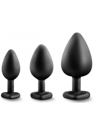 Набор из 3 черных пробок с прозрачным кристаллом-сердечком Bling Plugs Training Kit - Blush Novelties - купить с доставкой в Новосибирске