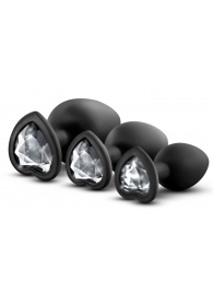 Набор из 3 черных пробок с прозрачным кристаллом-сердечком Bling Plugs Training Kit - Blush Novelties - купить с доставкой в Новосибирске