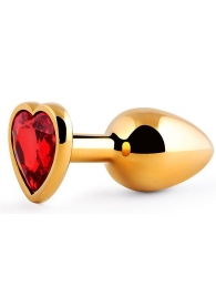 Золотистая анальная пробка с красным стразом-сердечком - 8 см. - Anal Jewelry Plug - купить с доставкой в Новосибирске