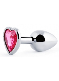 Серебристая анальная пробка с розовым кристаллом-сердечком - 7 см. - Anal Jewelry Plug - купить с доставкой в Новосибирске