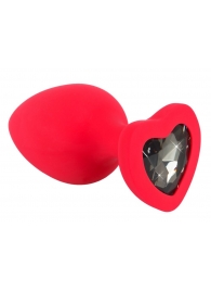 Красная силиконовая анальная пробка с черным стразом-сердечком - 9,3 см. - Orion - купить с доставкой в Новосибирске