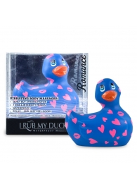Синий вибратор-уточка I Rub My Duckie 2.0 Romance с розовым принтом - Big Teaze Toys - купить с доставкой в Новосибирске