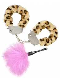 Эротический набор: леопардовые наручники и розовая пуховка - Toy Joy - купить с доставкой в Новосибирске