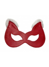 Красная маска из натуральной кожи с белым мехом на ушках - БДСМ Арсенал - купить с доставкой в Новосибирске