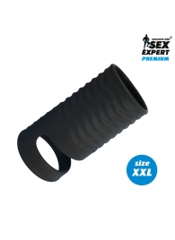 Черная открытая насадка на пенис с кольцом для мошонки XXL-size - 9,4 см. - Sex Expert - в Новосибирске купить с доставкой