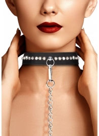 Черный ошейник с поводком Diamond Studded Collar With Leash - Shots Media BV - купить с доставкой в Новосибирске