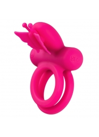 Розовое эрекционное виброкольцо Silicone Rechargeable Dual Butterfly Ring - California Exotic Novelties - в Новосибирске купить с доставкой