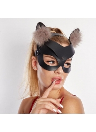 Черная кожаная маска  Кошечка  с мехом - Sitabella - купить с доставкой в Новосибирске