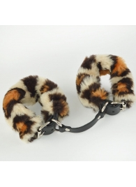 Черные кожаные наручники со съемной леопардовой опушкой - Sitabella - купить с доставкой в Новосибирске