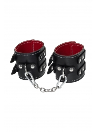 Черные кожаные наручники с двумя ремнями и красной подкладкой - Pecado - купить с доставкой в Новосибирске