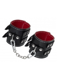 Черные кожаные наручники с двумя ремнями и красной подкладкой - Pecado - купить с доставкой в Новосибирске