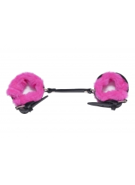 Черные базовые наручники из кожи с розовой опушкой - Лунный свет - купить с доставкой в Новосибирске