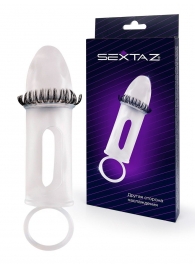 Закрытая насадка на пенис с подхватом мошонки и стимулирующими «ресничками» - Sextaz - в Новосибирске купить с доставкой
