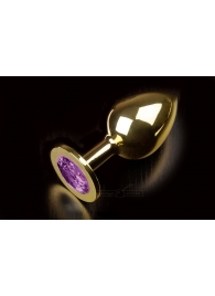 Большая золотая анальная пробка с закругленным кончиком и фиолетовым кристаллом - 9 см. - Пикантные штучки - купить с доставкой в Новосибирске