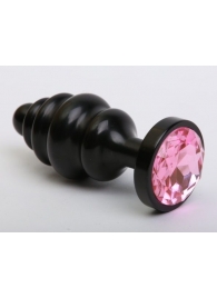 Чёрная ребристая анальная пробка с розовым кристаллом - 7,3 см. - 4sexdreaM - купить с доставкой в Новосибирске