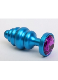 Синяя ребристая анальная пробка с фиолетовым кристаллом - 7,3 см. - 4sexdreaM - купить с доставкой в Новосибирске