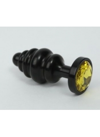 Чёрная ребристая анальная пробка с жёлтым кристаллом - 7,3 см. - 4sexdreaM - купить с доставкой в Новосибирске