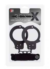 Чёрные наручники из листового металла в комплекте с веревкой BONDX METAL CUFFS LOVE ROPE SET - Dream Toys - купить с доставкой в Новосибирске