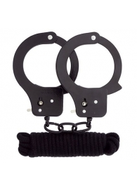 Чёрные наручники из листового металла в комплекте с веревкой BONDX METAL CUFFS LOVE ROPE SET - Dream Toys - купить с доставкой в Новосибирске