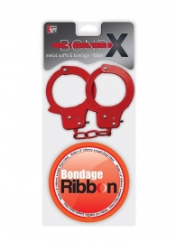 Набор для фиксации BONDX METAL CUFFS AND RIBBON: красные наручники из листового материала и липкая лента - Dream Toys - купить с доставкой в Новосибирске