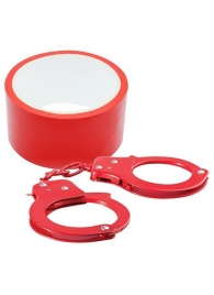 Набор для фиксации BONDX METAL CUFFS AND RIBBON: красные наручники из листового материала и липкая лента - Dream Toys - купить с доставкой в Новосибирске
