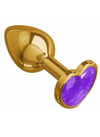 Золотистая анальная втулка с фиолетовым кристаллом-сердцем - 7 см. - Джага-Джага - купить с доставкой в Новосибирске