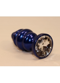 Синяя рифлёная пробка с прозрачным кристаллом - 7,3 см. - 4sexdreaM - купить с доставкой в Новосибирске
