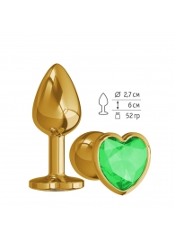 Золотистая анальная втулка с зеленым кристаллом-сердцем - 7 см. - Джага-Джага - купить с доставкой в Новосибирске