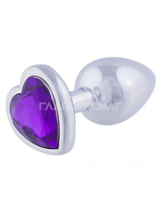 Серебристая анальная пробка с фиолетовым кристаллом-сердцем - 7 см. - Главсексмаг - купить с доставкой в Новосибирске