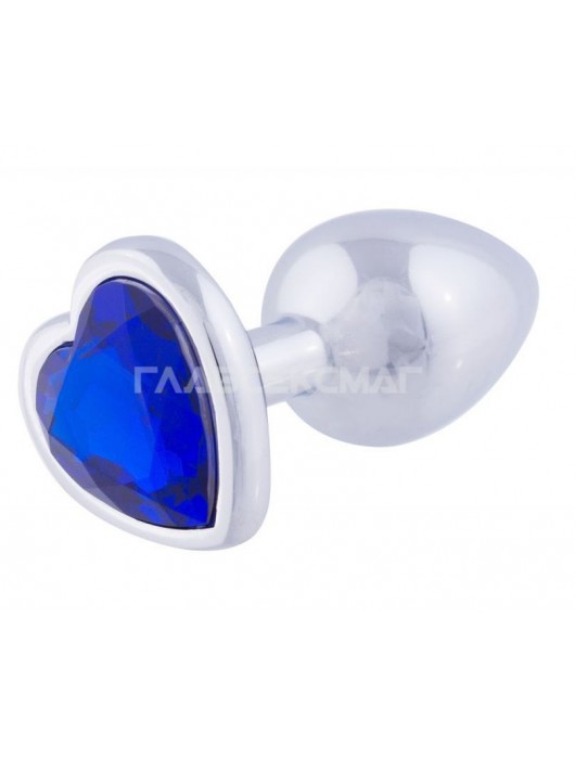 Серебристая анальная пробка с синим кристаллом-сердцем - 7 см. - Главсексмаг - купить с доставкой в Новосибирске