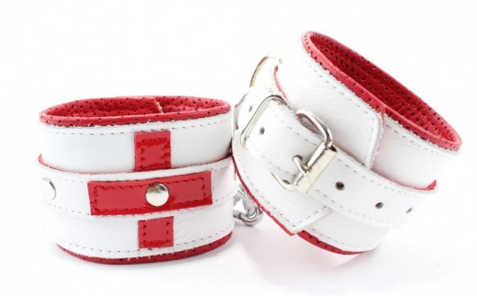Бело-красные кожаные наручники для медсестры - БДСМ Арсенал - купить с доставкой в Новосибирске