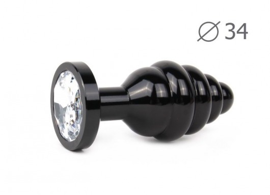Коническая ребристая черная анальная втулка с прозрачным кристаллом - 8 см. - Anal Jewelry Plug - купить с доставкой в Новосибирске